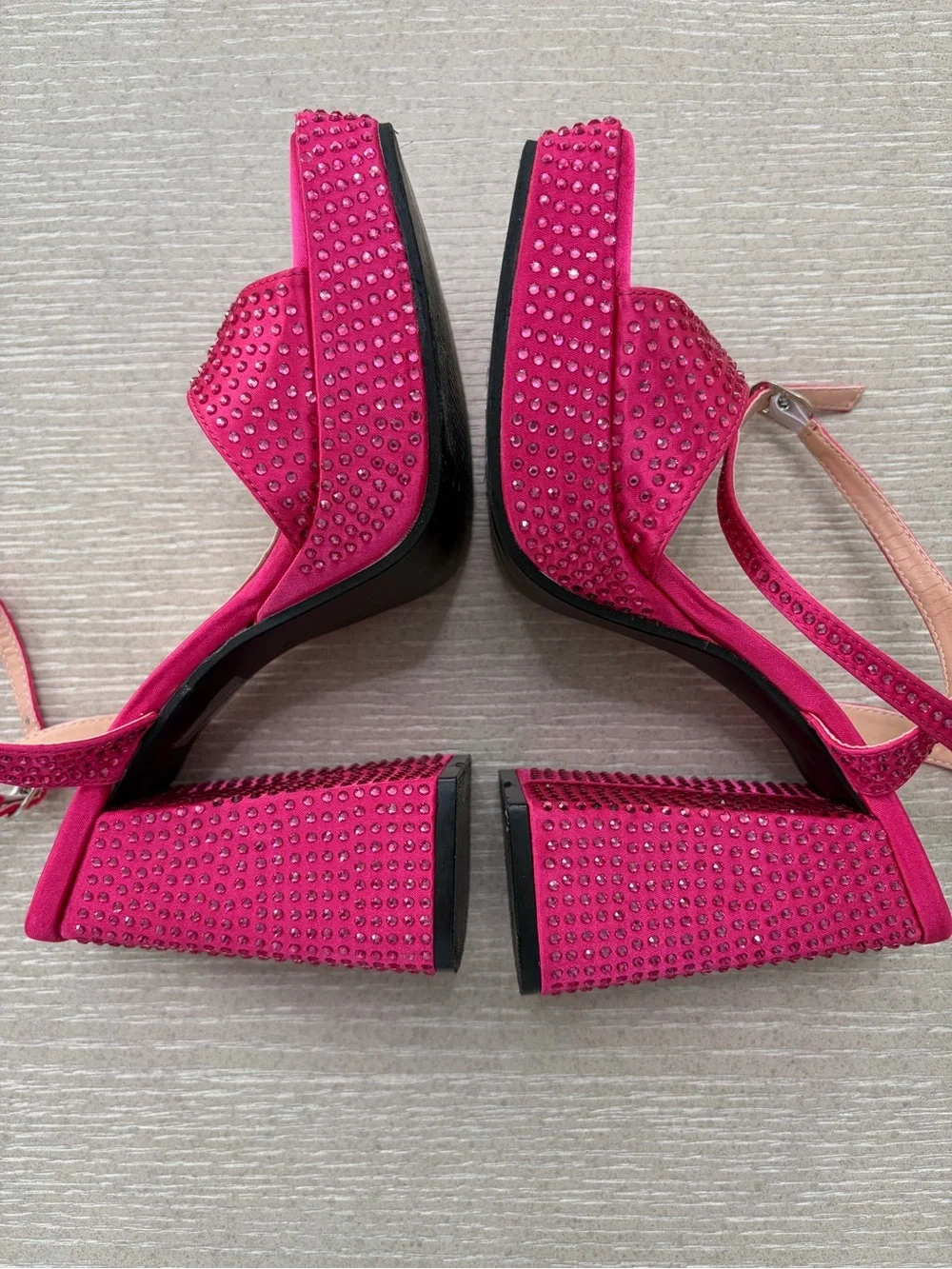 Rhinestone Satin Platform Sandals in Fuchsia Pink